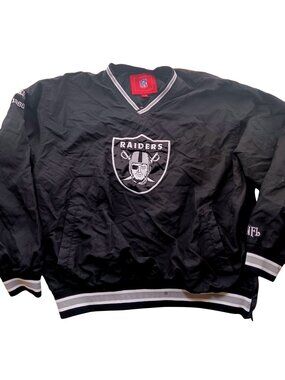 XL NFL Raiders Pullover Jacket Black Embroidered Logo Striped Trim Mens Vintage
